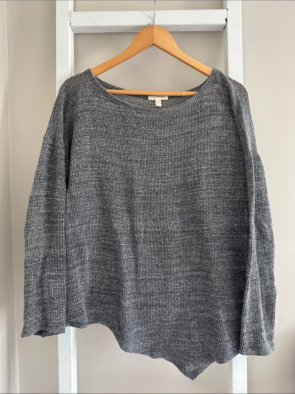 Eileen Fisher 3/4 Melange Mesh Net Weave Sweater with Asymmetrical Hem